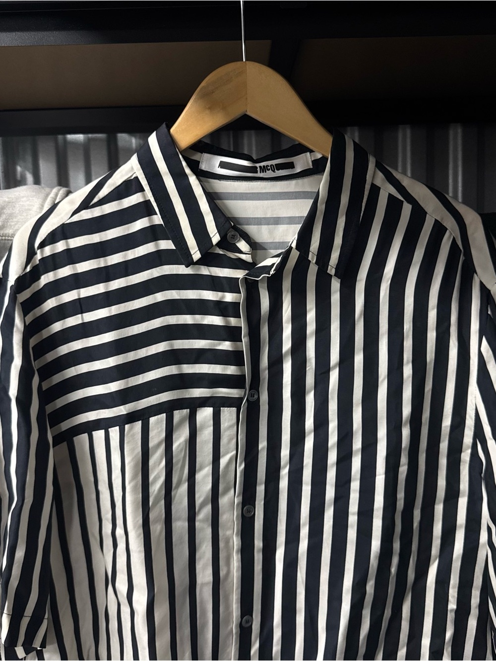 McQ Alexander McQueen black & white striped button up shirt measures size large